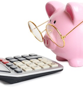 A piggy bank with glasses looking at a calculator