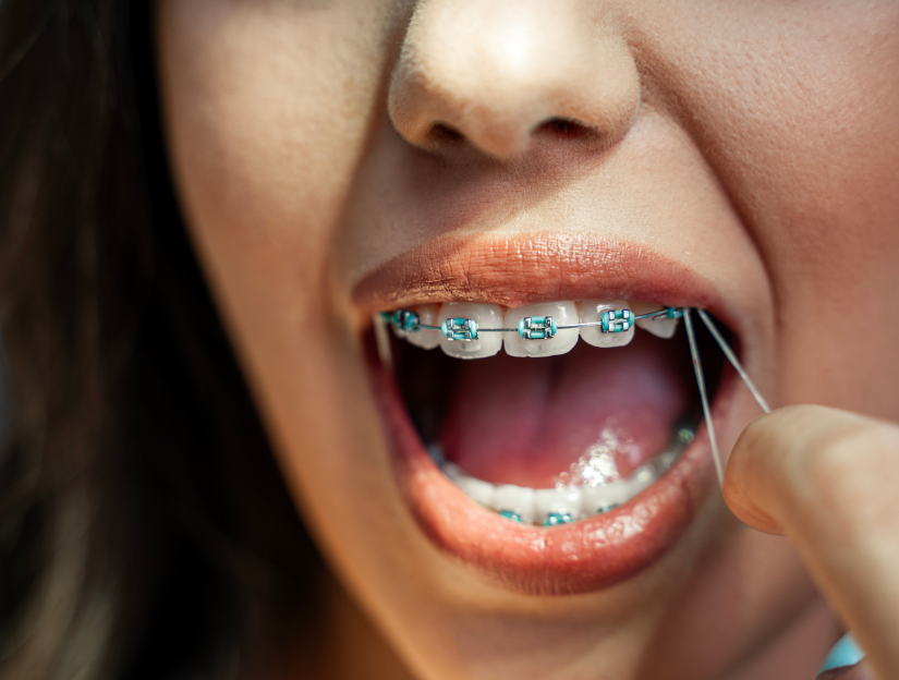 Woman pulling rubber band from braces